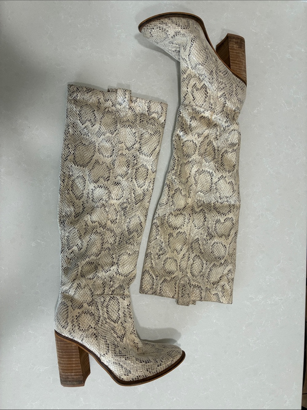 Beige Snake-Print Over-the-Knee Boots with Block Heel